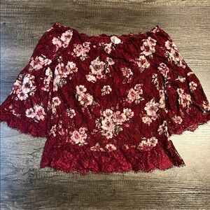 Women's Burgundy Floral Lace Off-Shoulder Top